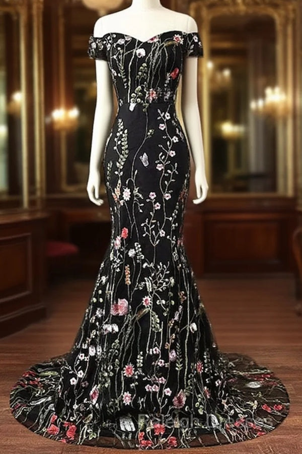 Black Floral Lace Mermaid Off Shoulder Long Party Dress, Black Evening Dress Prom Dress Main image