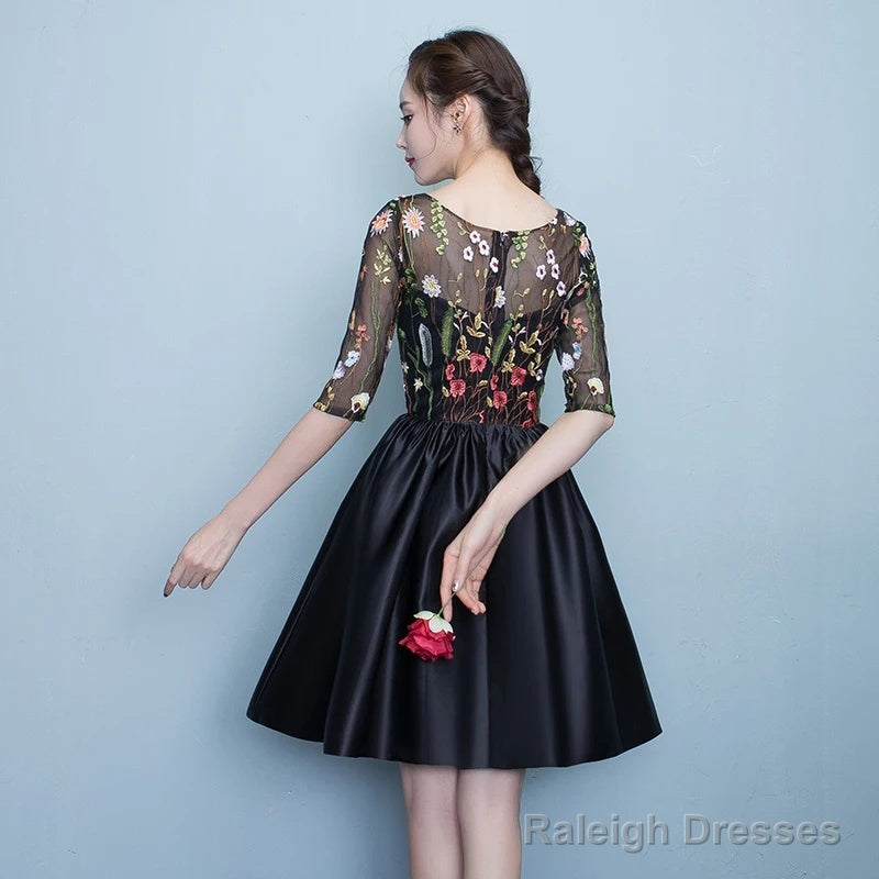 Black Floral Lace Short Sleeves Homeocming Dresses Back Prom Dresses Wedding Prom Dresses Secondary image