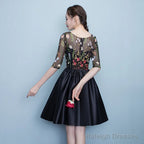 Black Floral Lace Short Sleeves Homeocming Dresses Back Prom Dresses Wedding Prom Dresses