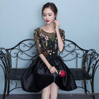Black Floral Lace Short Sleeves Homeocming Dress, Back Party Dress Wedding Party Dress