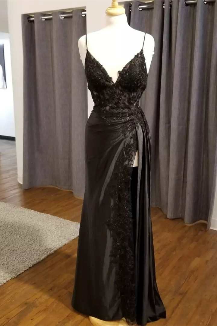 Black Floral Lace V-Neck Prom Dresses Long With Slit Birthday Outfits