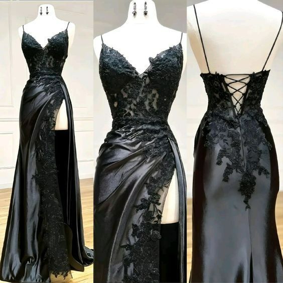 Black Floral Lace V-Neck Prom Dresses Long With Slit Birthday Outfits Main image