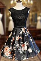 Black Floral Satin and Lace Round Neckline Short Party Dress Prom Dress, Black Homecoming Dresses