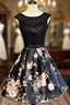 Black Floral Satin and Lace Round Neckline Short Party Dress Prom Dress, Black Homecoming Dresses