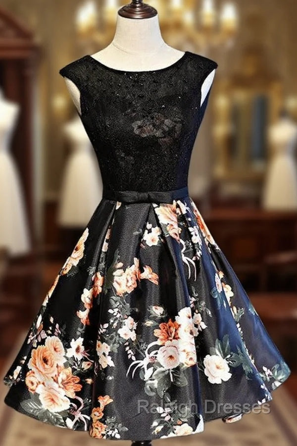Black Floral Satin and Lace Round Neckline Short Prom Dress, Black Homecoming Dresses