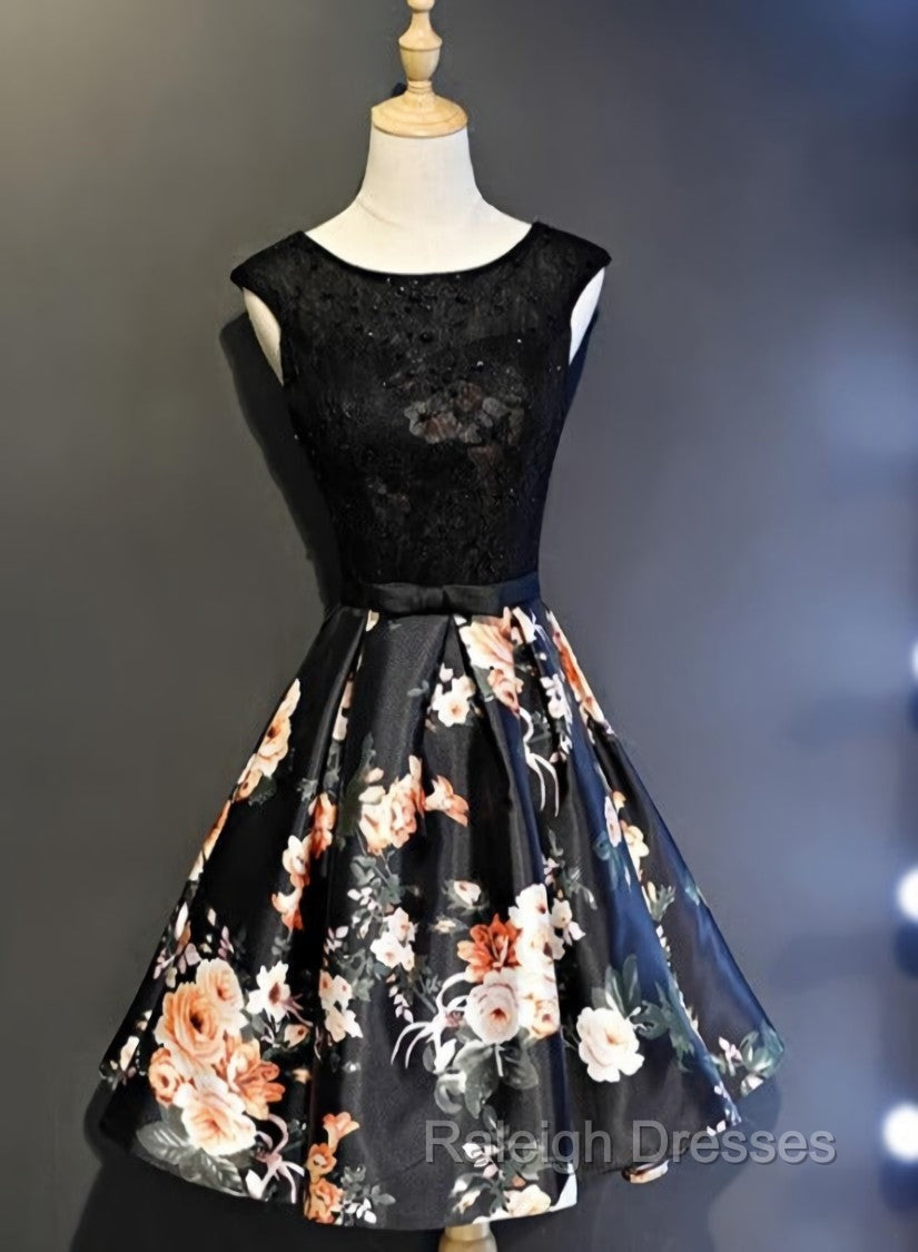 Black Floral Satin and Lace Round Neckline Short Party Dress Prom Dress, Black Homecoming Dresses Main image