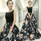 Black Floral Satin Long And Lace A-Line Prom Dress Party Dress, Black Evening Dress