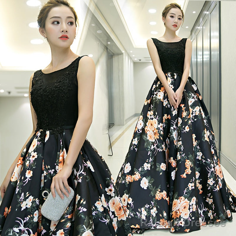 Black Floral Satin Long And Lace A-Line Prom Dress Party Dress, Black Evening Dress