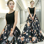 Black Floral Satin Long And Lace A-Line Prom Dresseses Black Prom Dresses
