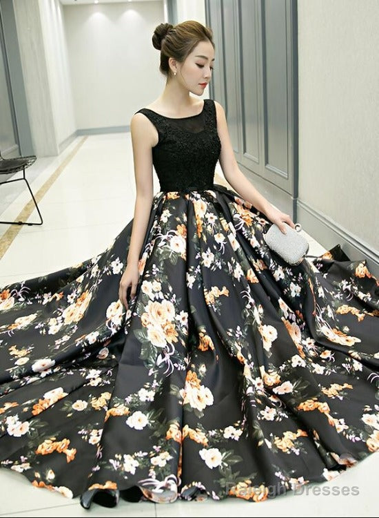 Black Floral Satin Long And Lace A-Line Prom Dress Party Dress, Black Evening Dress Main image