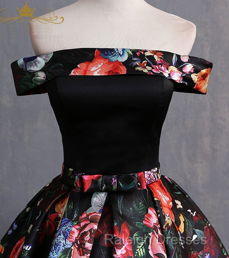 Black Floral Satin Off Shoulder Strapless Long Formal Prom Dress, Evening Dress Secondary image