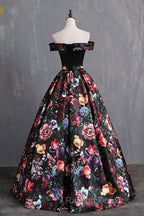 Black Floral Satin Off Shoulder Strapless Long Formal Prom Dress, Evening Dress