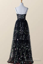 Black Floral Tulle A-Line V-Neckline Long Prom Dress, Black Evening Dress Party Dress