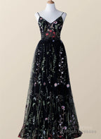 Black Floral Tulle A-Line V-Neckline Long Prom Dress, Black Evening Dress Party Dress