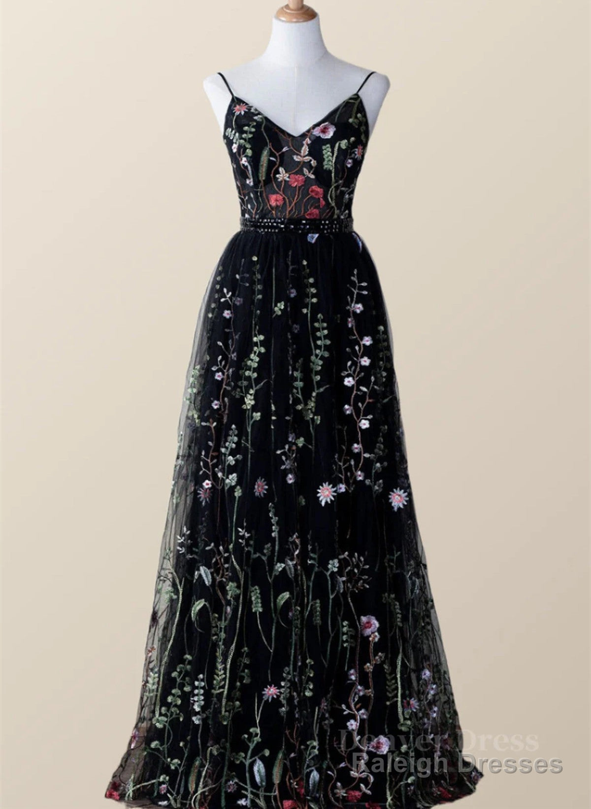 Black Floral Tulle A-Line V-Neckline Long Prom Dress, Black Evening Dress Party Dress