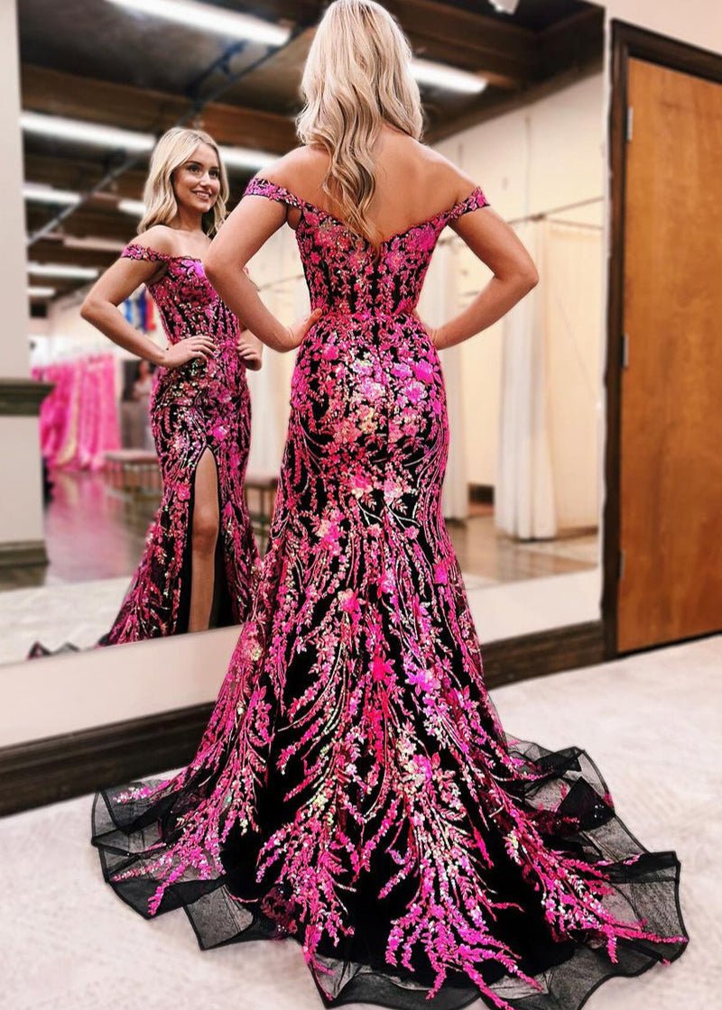 Black Fuchsia Sequin Lace Off the Shoulder Mermaid Prom Dress