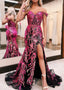 Black Fuchsia Sequin Lace Off the Shoulder Mermaid Prom Dress