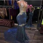 Black Girl Prom Dresses Cheap Sparkle Blue Prom Dress | Mermaid Silver Aplliques Long Prom Gown