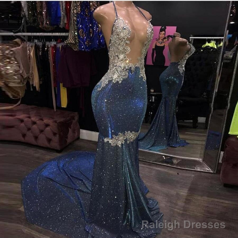 Black Girl Prom Dresses Cheap Sparkle Blue Prom Dress | Mermaid Silver Aplliques Long Prom Gown