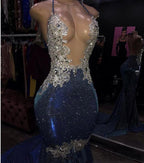 Black Girl Prom Dress Cheap Sparkle Blue Sexy Prom Dresses | Mermaid Silver Aplliques Long Evening Gowns