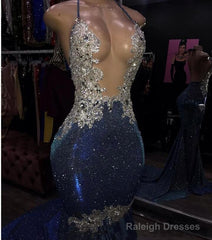 Black Girl Prom Dress Cheap Sparkle Blue Sexy Prom Dresses | Mermaid Silver Aplliques Long Evening Gowns