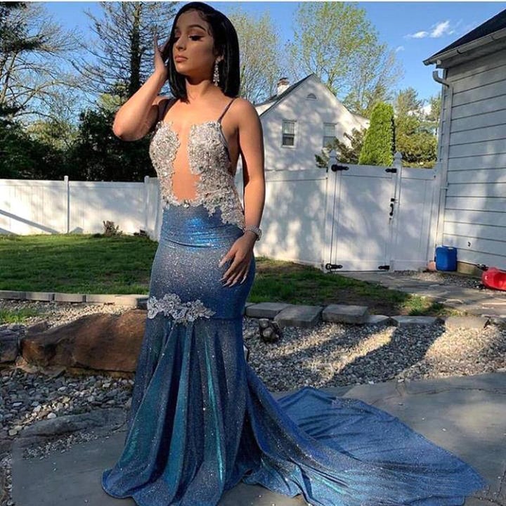 Black Girl Prom Dress Cheap Sparkle Blue Sexy Prom Dresses | Mermaid Silver Aplliques Long Evening Gowns