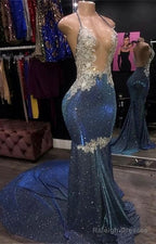 Black Girl Prom Dress Cheap Sparkle Blue Sexy Prom Dresses | Mermaid Silver Aplliques Long Evening Gowns