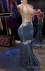 Black Girl Prom Dresses Cheap Sparkle Blue Prom Dress | Mermaid Silver Aplliques Long Prom Gown