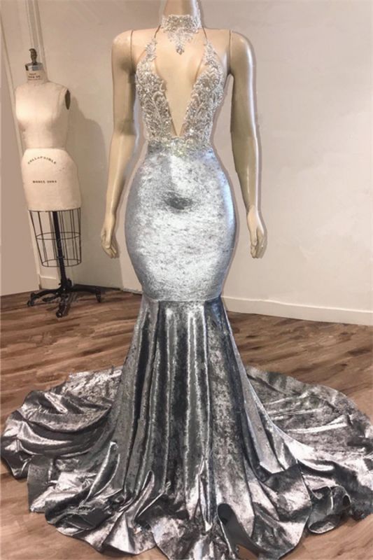 Black Girl Prom Dresses Open Back Silver Velvet Prom Dress Cheap | Mermaid V-Neck Crystals Appliques Prom Gown