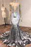 Black Girl Prom Dresses Open Back Silver Velvet Prom Dress Cheap | Mermaid V-Neck Crystals Appliques Prom Gown