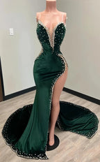 Black Girl Prom Dress Long Mermaid Green Prom Gowns With Train