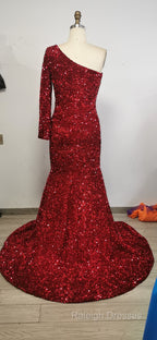 Black Girl Prom Dresses One Shoulder Mermaid Red Prom Dresses | Cheap Sequins Evening Gowns