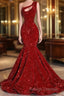 Black Girl Prom Dresses One Shoulder Mermaid Red Prom Dresses | Cheap Sequins Evening Gowns