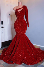 Black Girl Prom Dresses One Shoulder Mermaid Red Prom Dresses | Cheap Sequins Evening Gowns