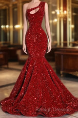 Black Girl Prom Dresses One Shoulder Mermaid Red Prom Dresses | Cheap Sequins Evening Gowns