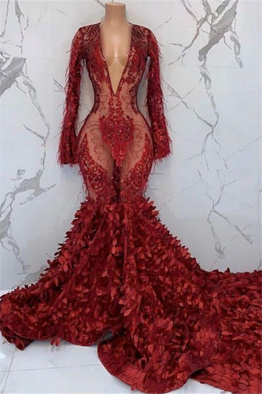 Black Girl Prom Dress Deep V-Neck Appliques Prom Dresses | Feather Long Sleeve Mermaid Prom Gown Secondary image