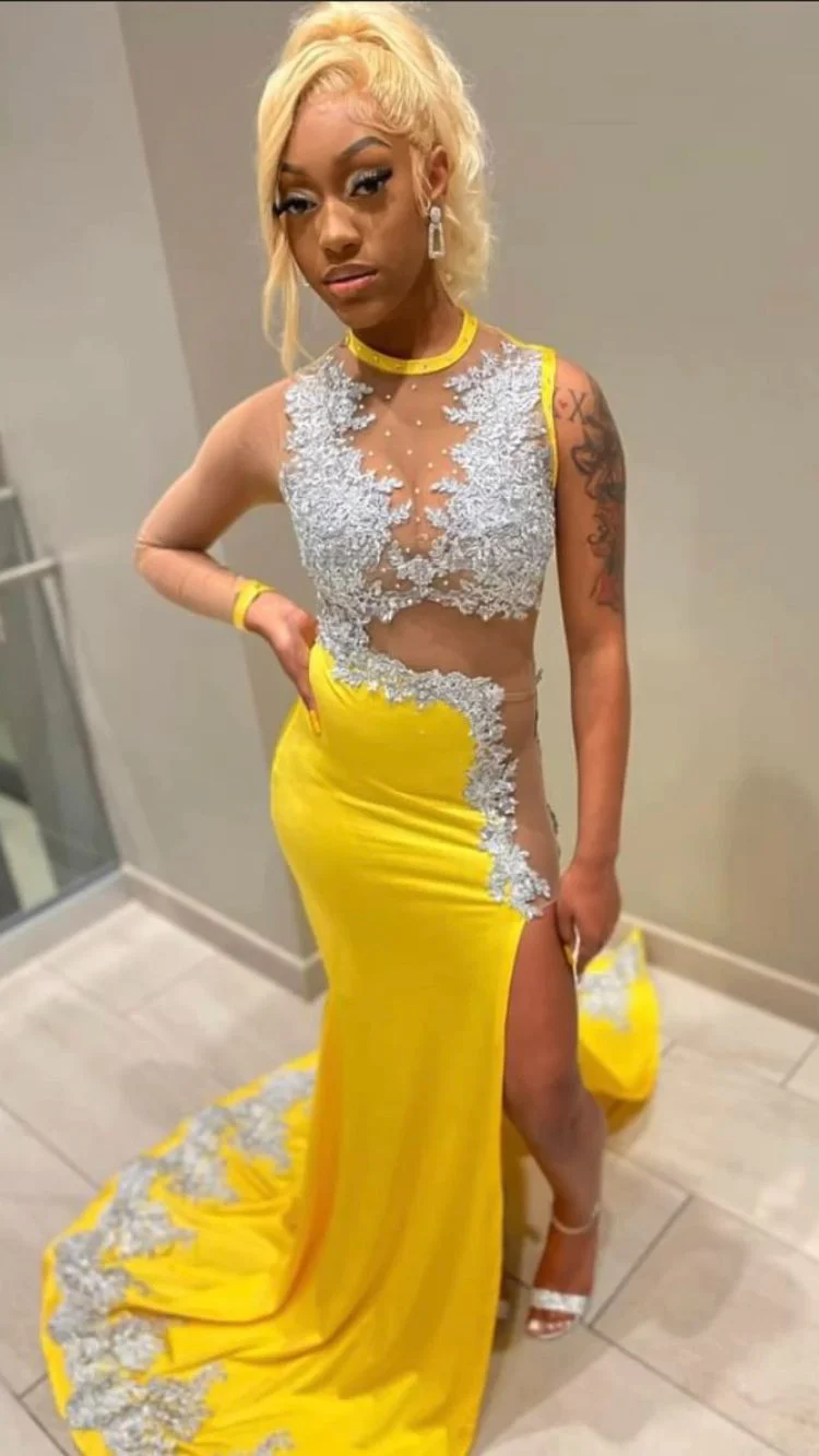 Black Girl Yellow Lace Prom Dress Silver Lace Prom Dress Prom Dress