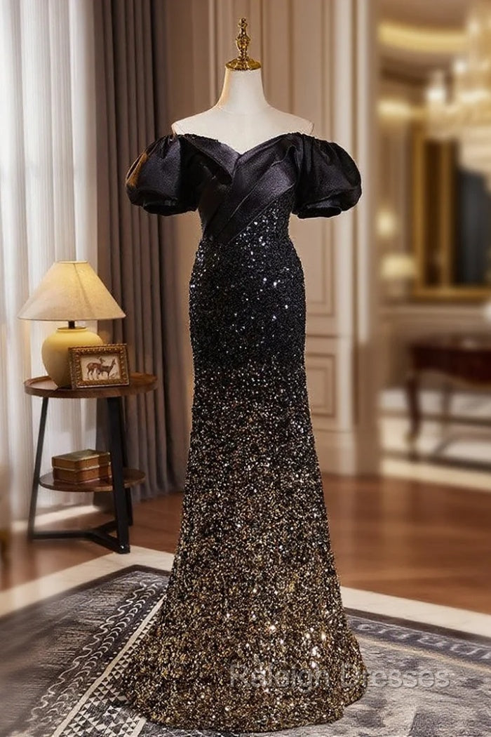 Black Gold Mermaid Sequins Off the Shoulder Prom Dresses