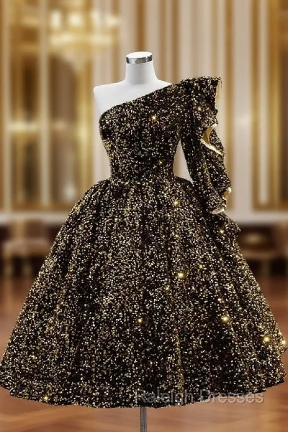 Black Gold Sequins One Shoulder Short Prom Dresses Main image