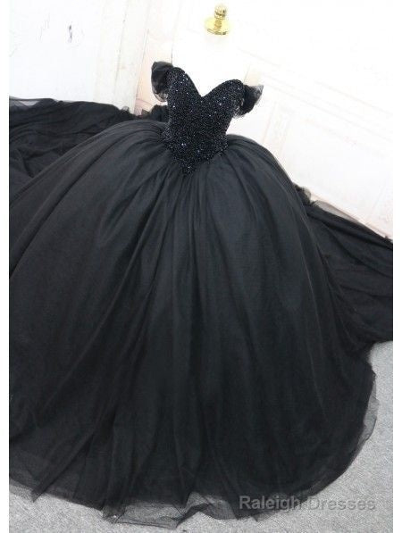 Black Gothic Beading Off-The-Shoulder Ball Gown Wedding Dress Prom Dresses