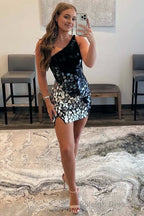 Black Gradient Cut Glass Mirror One Shoulder Short Dress