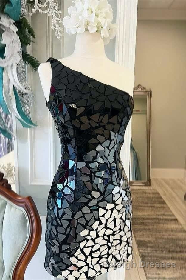 Black Gradient Cut Glass Mirror One Shoulder Short Dress