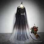 Black Gradient Round Neckline Tulle Long Formal Dress, Black Evening Gown Party Dress