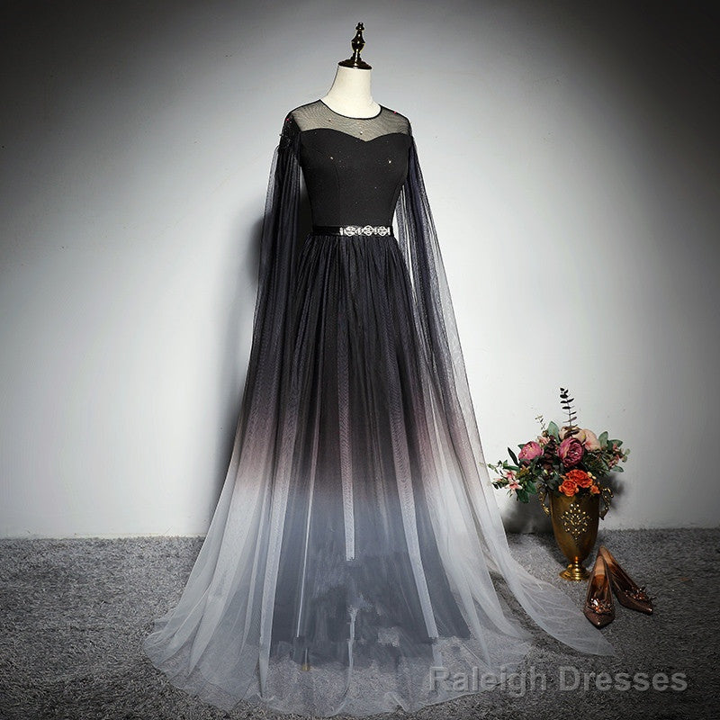 Black Gradient Round Neckline Tulle Long Formal Dress, Black Evening Gown Party Dress