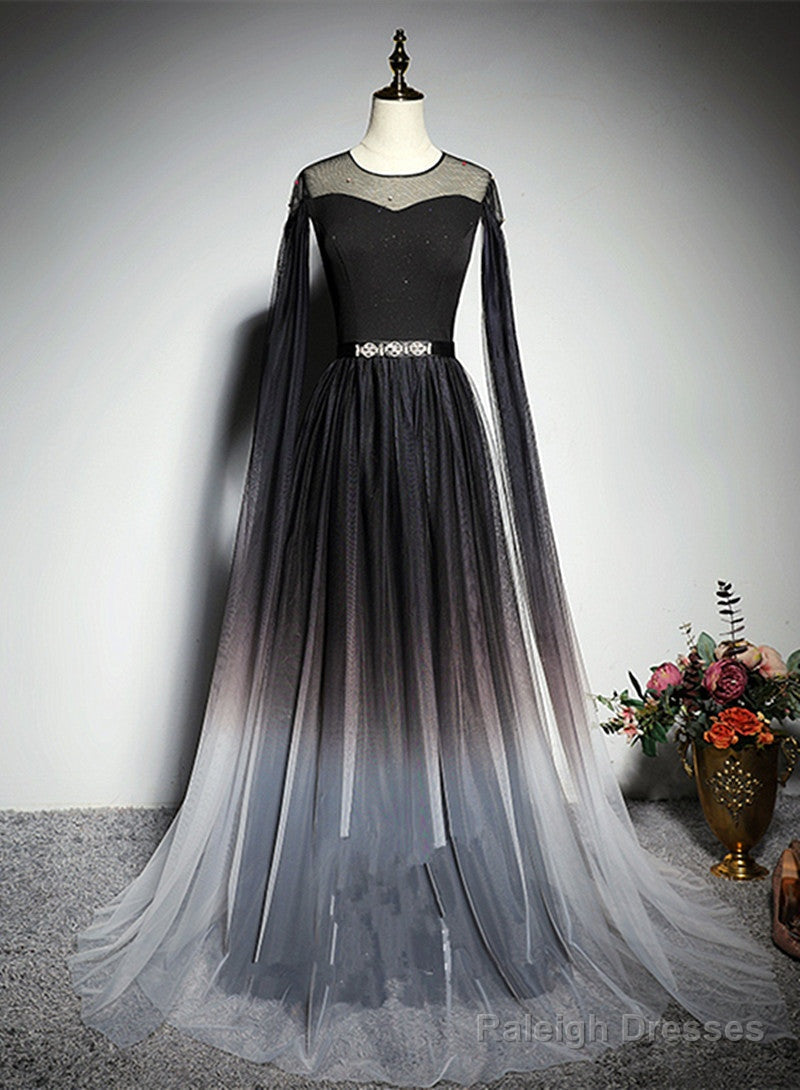 Black Gradient Round Neckline Tulle Long Formal Dress, Black Evening Gown Party Dress Main image