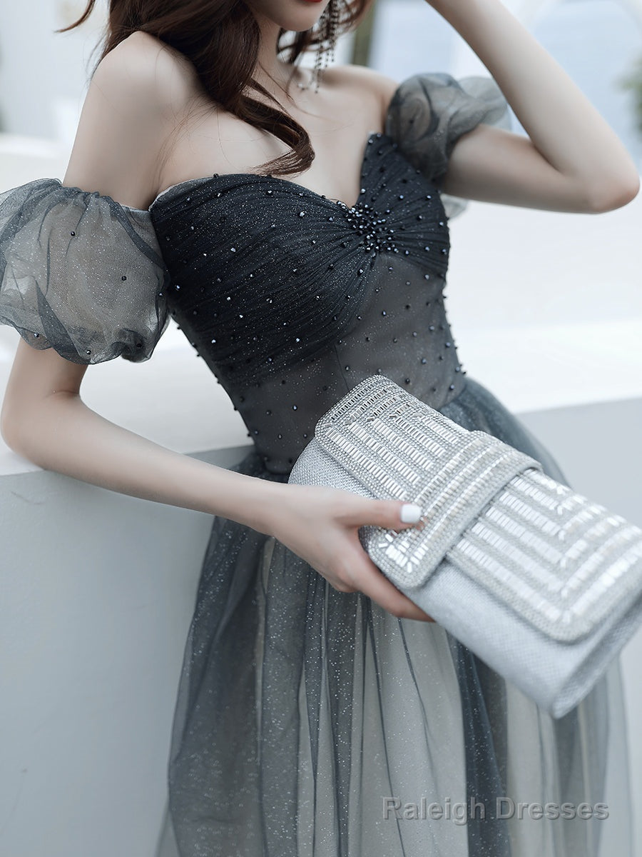 Black Gradient Sweetheart Beaded Off Shoulder Prom Dress A-Line Tulle Prom Dresses