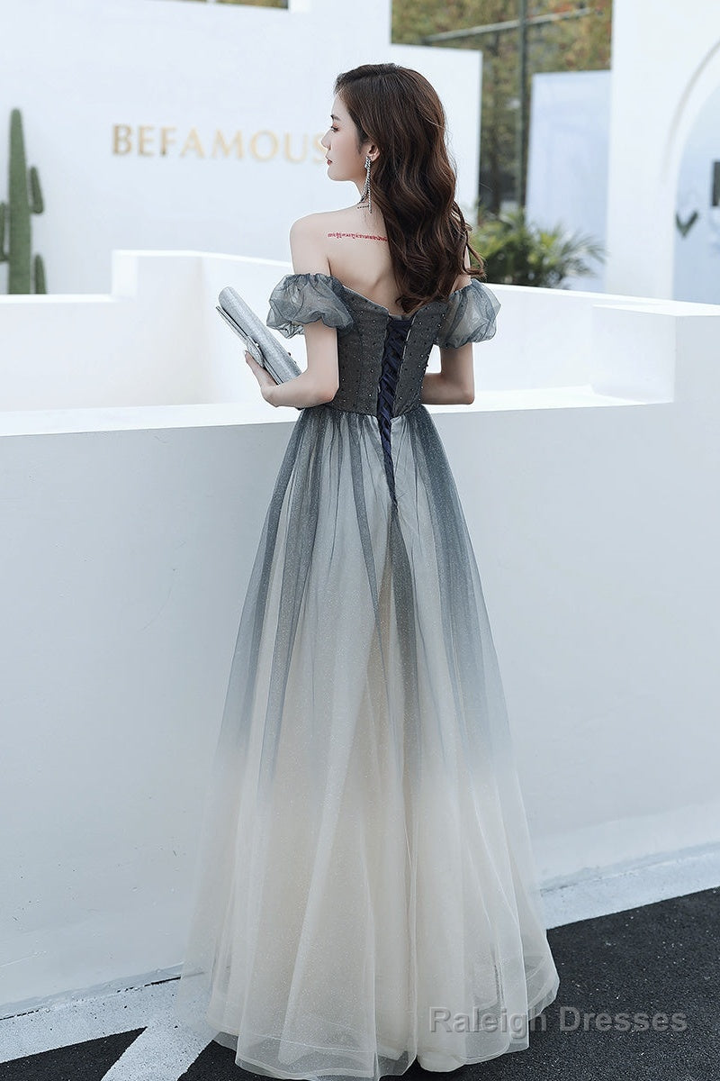 Black Gradient Sweetheart Beaded Off Shoulder Prom Dress A-Line Tulle Prom Dresses