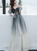 Black Gradient Sweetheart Beaded Off Shoulder Prom Dress A-Line Tulle Prom Dresses