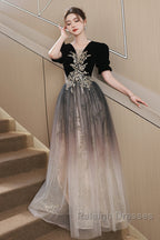 Black Gradient Tulle And Velvet Short Sleeves Prom Dresses A-Line Tulle Long Prom Dresses