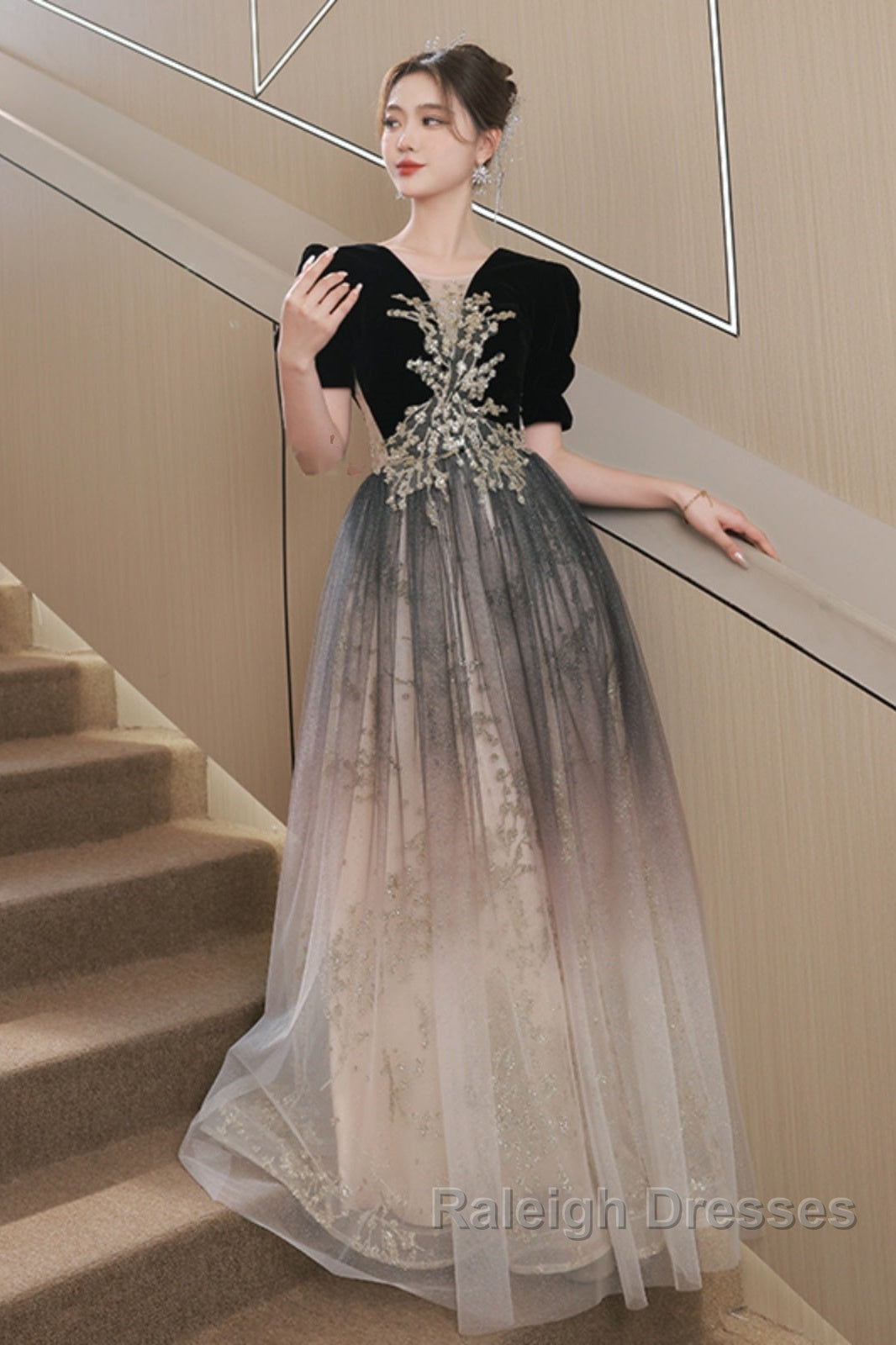Black Gradient Tulle And Velvet Short Sleeves Prom Dresses A-Line Tulle Long Prom Dresses